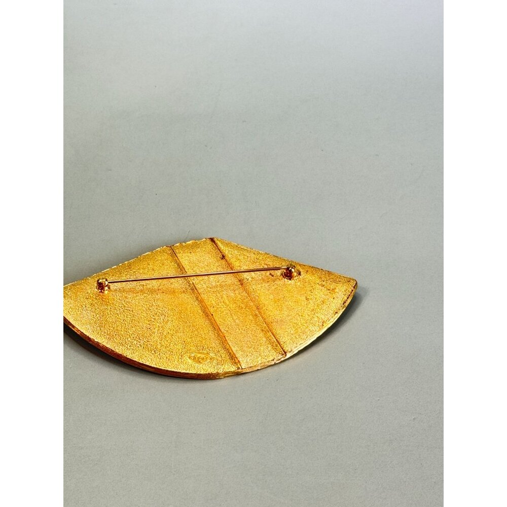 Vintage Trifari Gold-Tone Enamel Abstract Fan Brooch Pin 3 1/2" - Picture 4 of 5